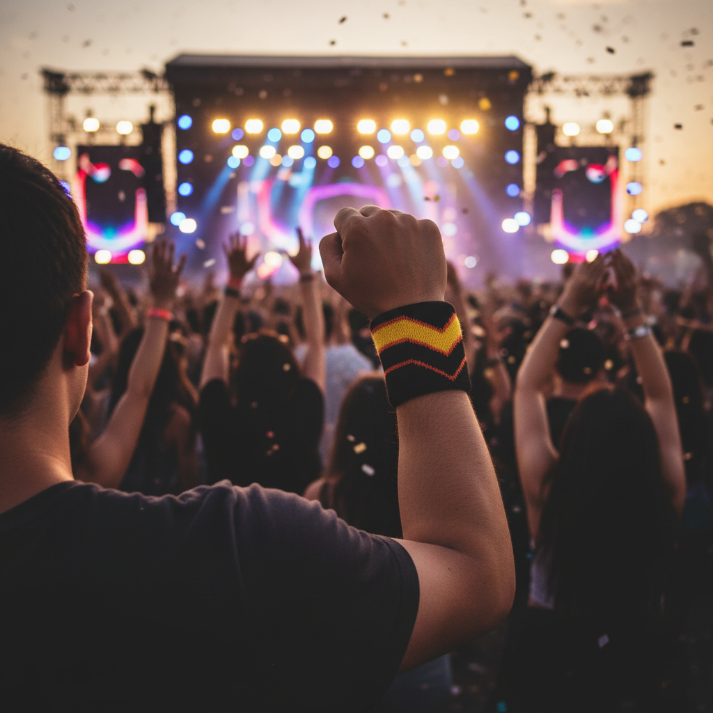 A person at a concert with their fist raised in the air, wearing a black wristband with a yellow and red chevron pattern. The background shows a large crowd of people dancing and cheering in front of a brightly lit stage with colorful lights and falling confetti.