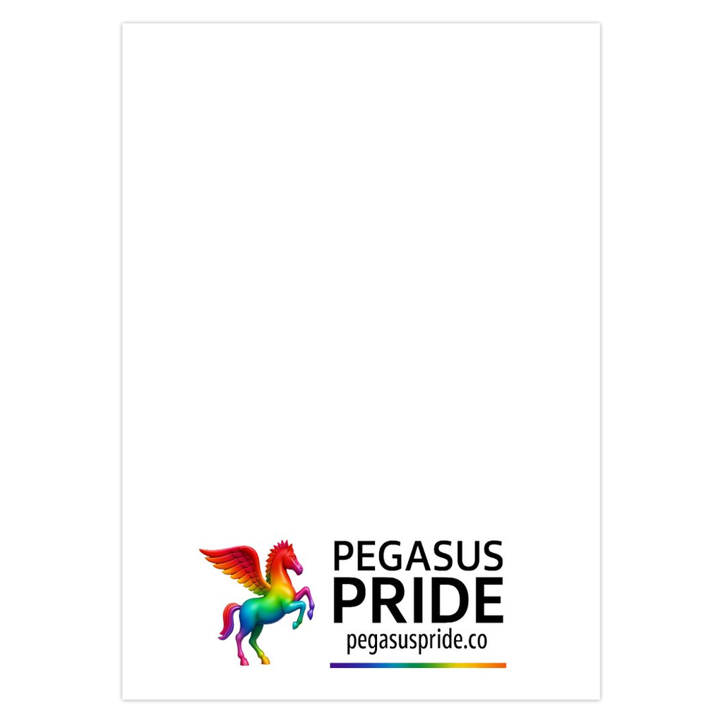 back side of greeting card with logo of Pegasus Pride and a rainbow pegasus