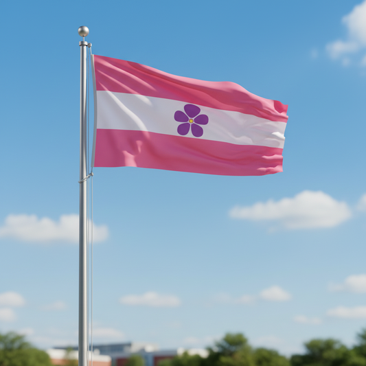 A pink and white flag with a purple flower emblem in the center, flying on a silver flagpole against a bright blue sky with soft white clouds.