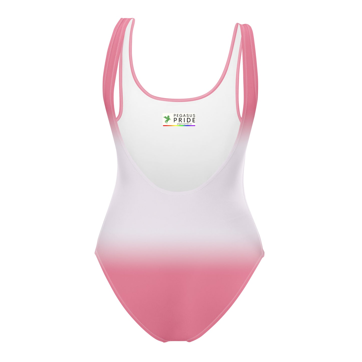 One-piece swimsuit with gradient design and 'Pegasus Pride' branding on a white background