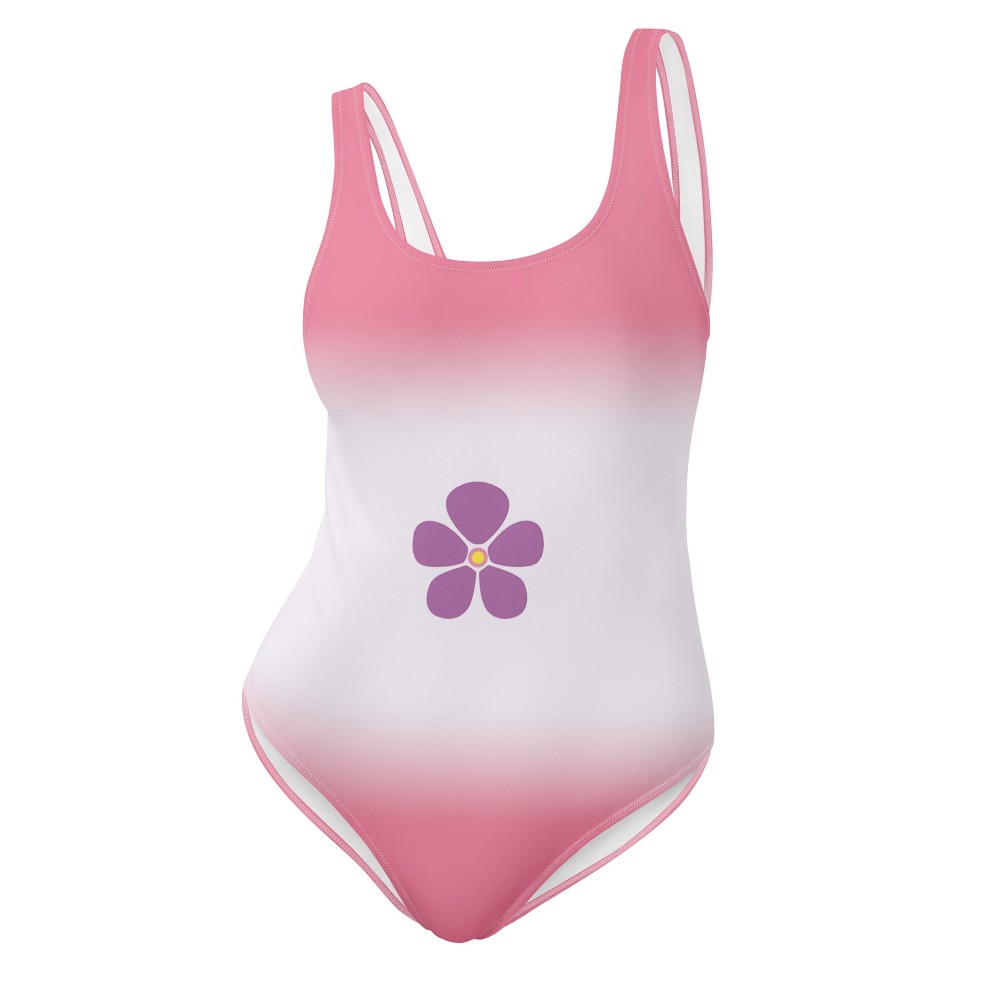 One-piece swimsuit with a sapphic pride gradient pink to white design and a purple flower on a white background