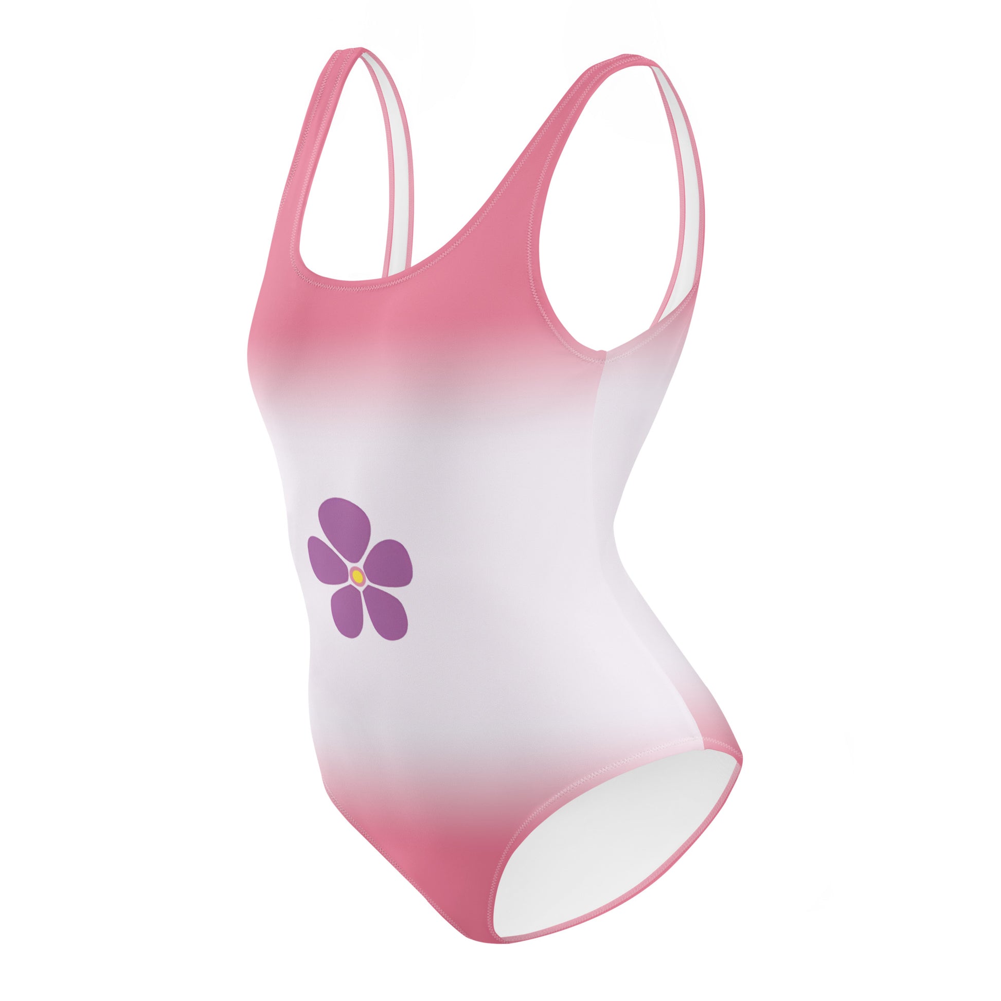 One-piece swimsuit with a gradient design and a purple flower on a white background