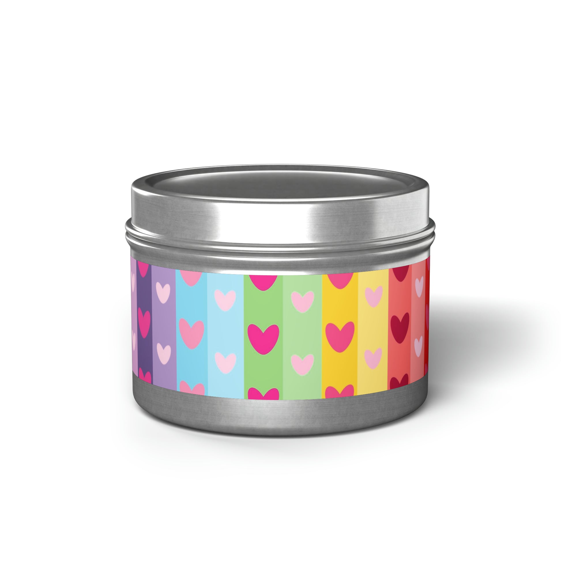 Gift Tin Scented Candles LGBTQ Rainbow Hearts 4oz Silver silver-gift-tin-candles-lgbtq-rainbow-hearts-4oz-front