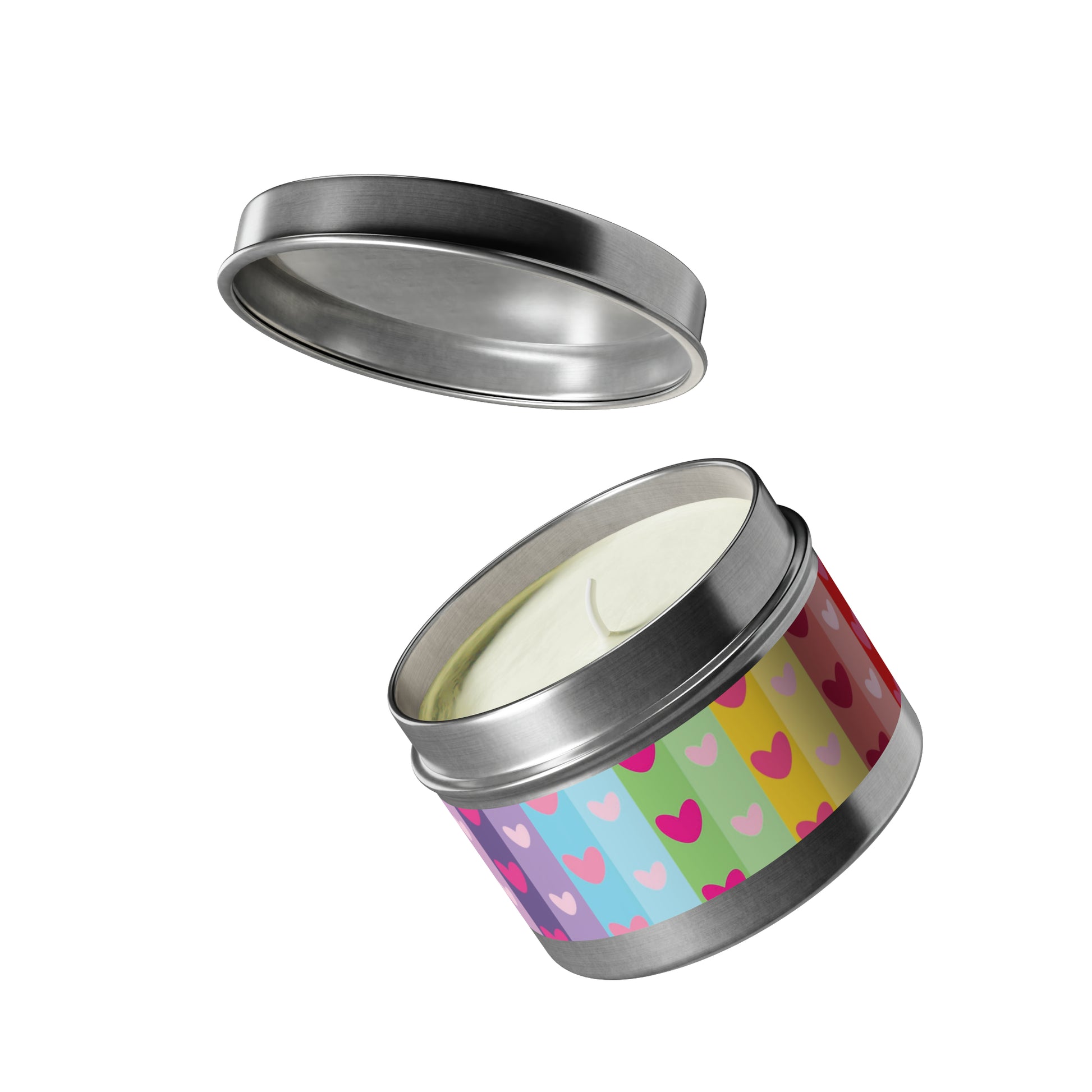 Gift Tin Scented Candles LGBTQ Rainbow Hearts silver-gift-tin-candles-lgbtq-rainbow-hearts-4oz-lifestyle-2