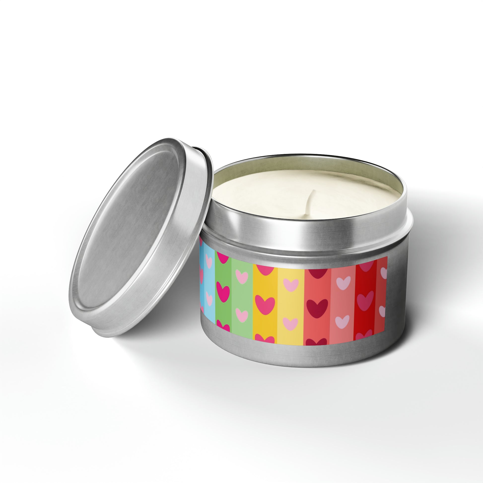 Gift Tin Scented Candles LGBTQ Rainbow Hearts silver-gift-tin-candles-lgbtq-rainbow-hearts-4oz-lifestyle