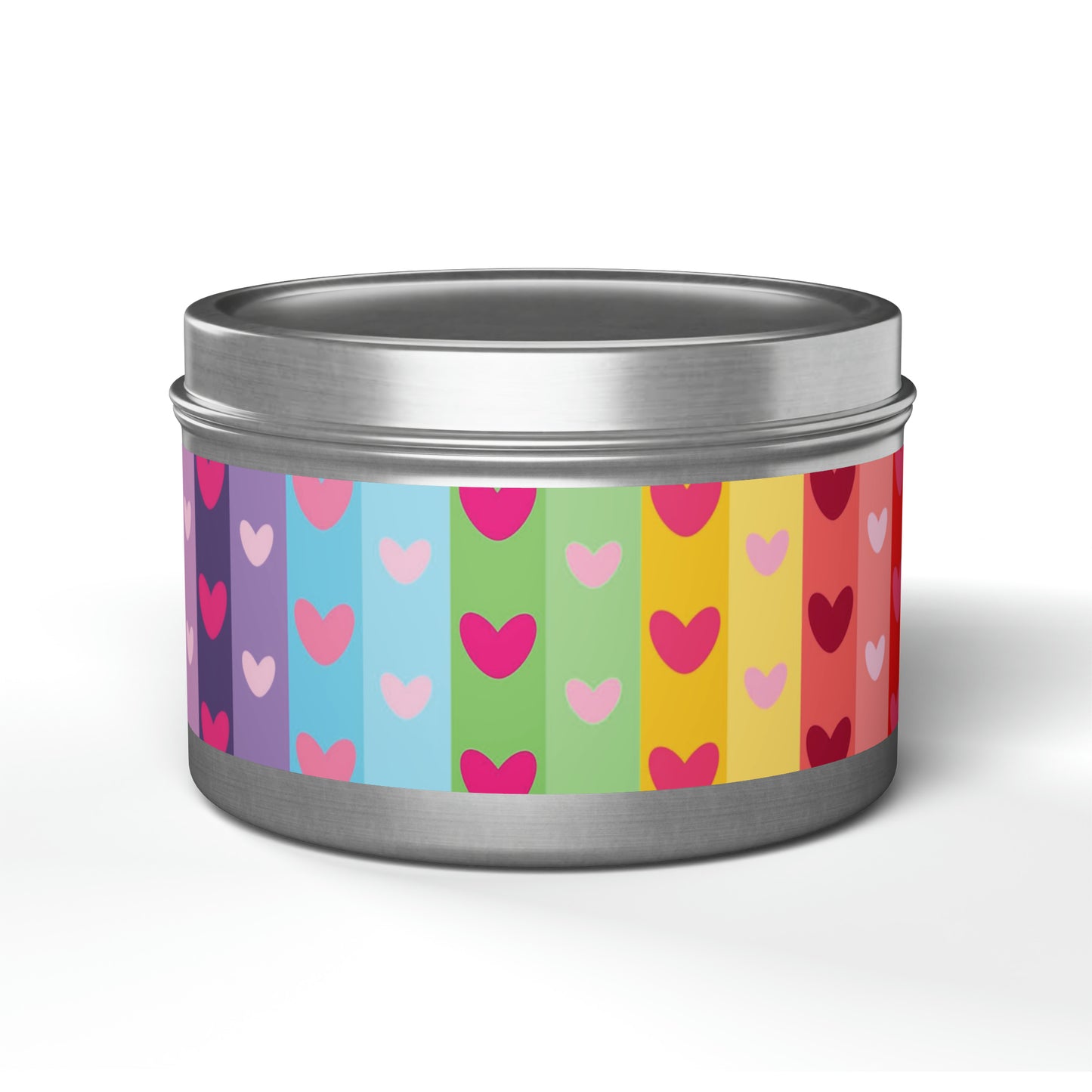 Gift Tin Scented Candles LGBTQ Rainbow Hearts 8oz Silver silver-gift-tin-candles-lgbtq-rainbow-hearts-8oz-front