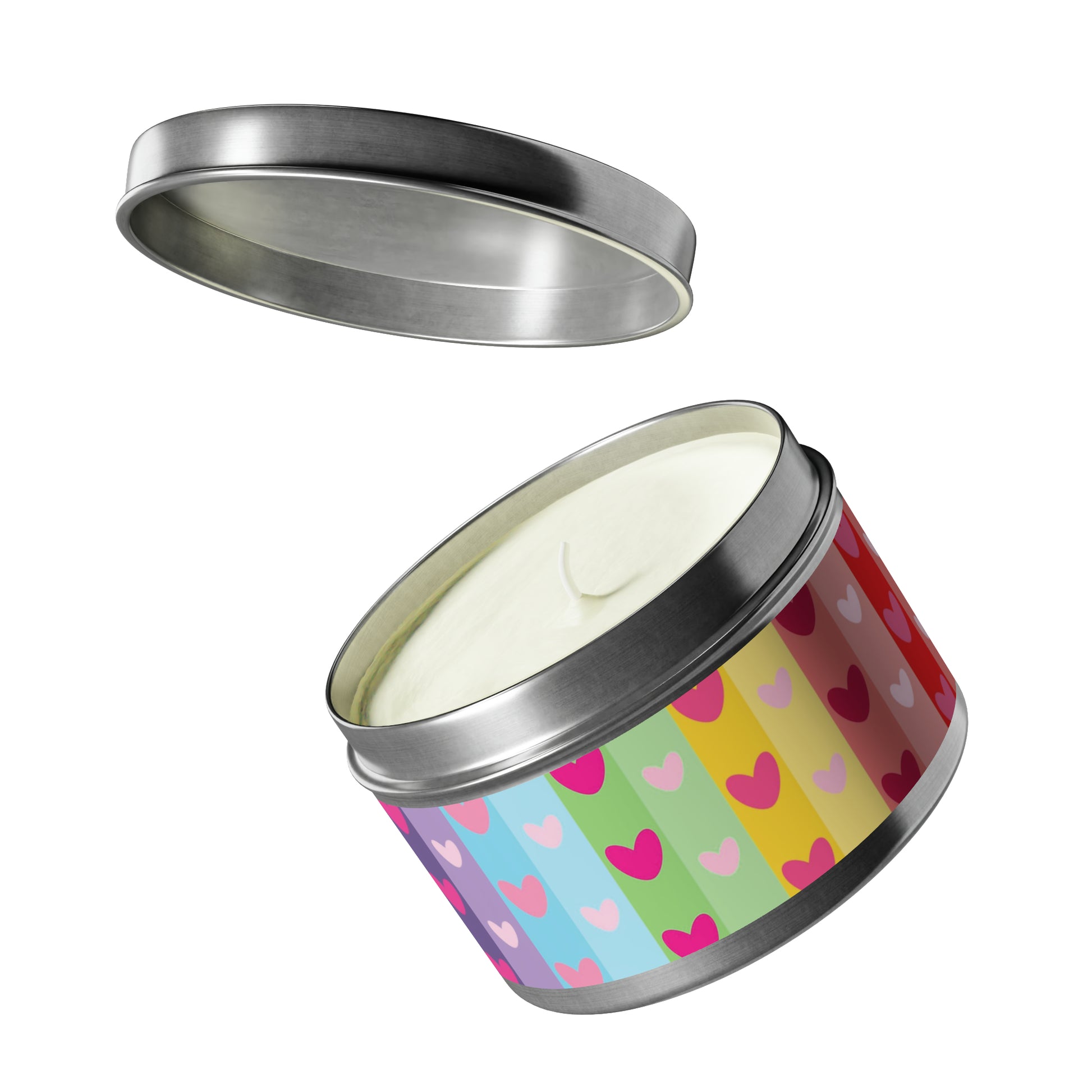 Gift Tin Scented Candles LGBTQ Rainbow Hearts silver-gift-tin-candles-lgbtq-rainbow-hearts-8oz-lifestyle-2