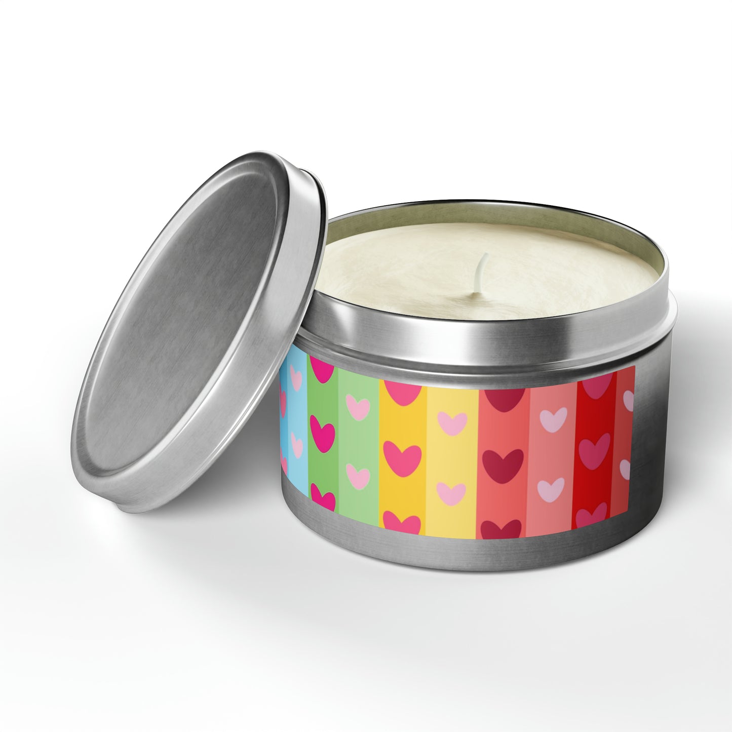 Gift Tin Scented Candles LGBTQ Rainbow Hearts silver-gift-tin-candles-lgbtq-rainbow-hearts-8oz-lifestyle