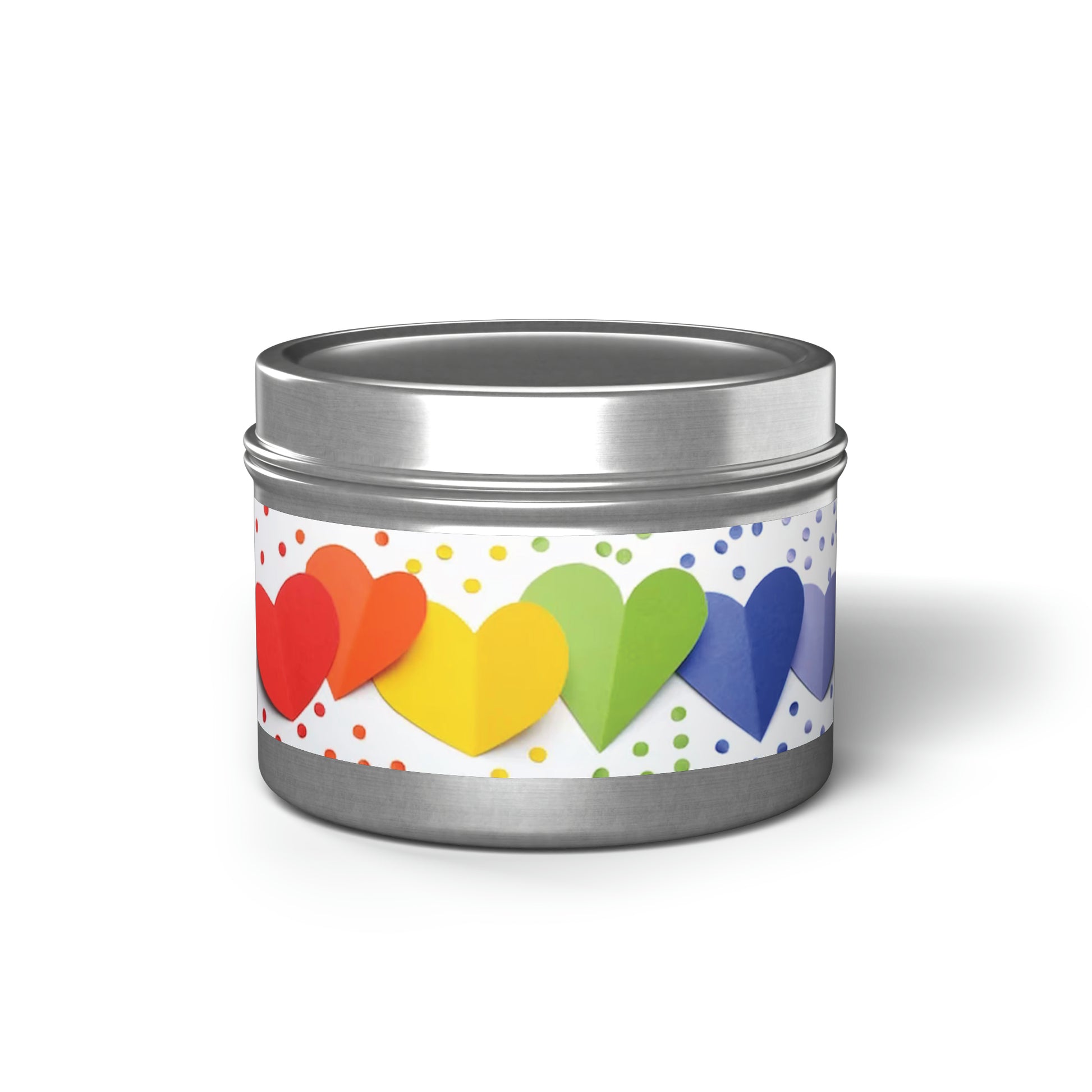 Gift Tin Scented Candle Rainbow Paper Hearts 4oz Silver silver-gift-tin-scented-candle-rainbow-paper-hearts-4oz-front