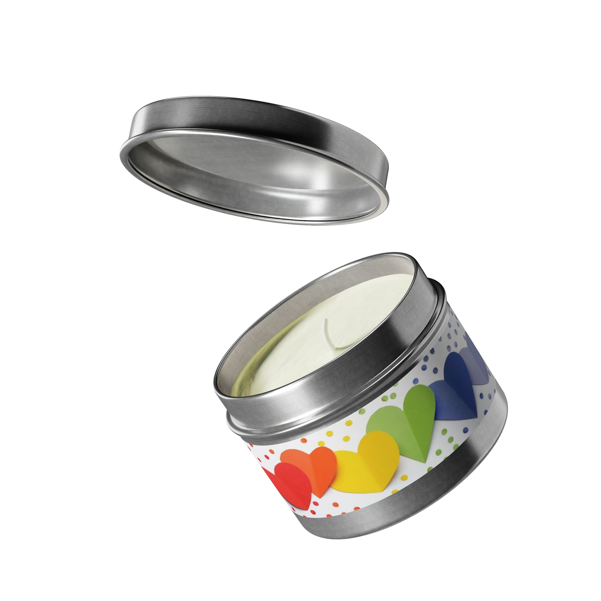 Gift Tin Scented Candle Rainbow Paper Hearts silver-gift-tin-scented-candle-rainbow-paper-hearts-4oz-lifestyle-2