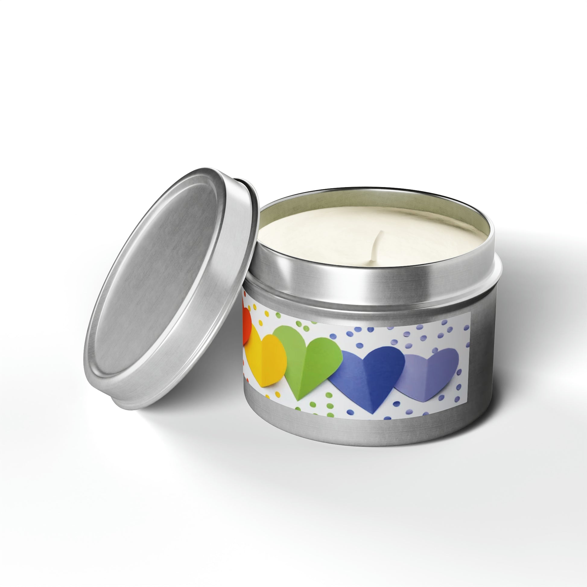 Gift Tin Scented Candle Rainbow Paper Hearts silver-gift-tin-scented-candle-rainbow-paper-hearts-4oz-lifestyle