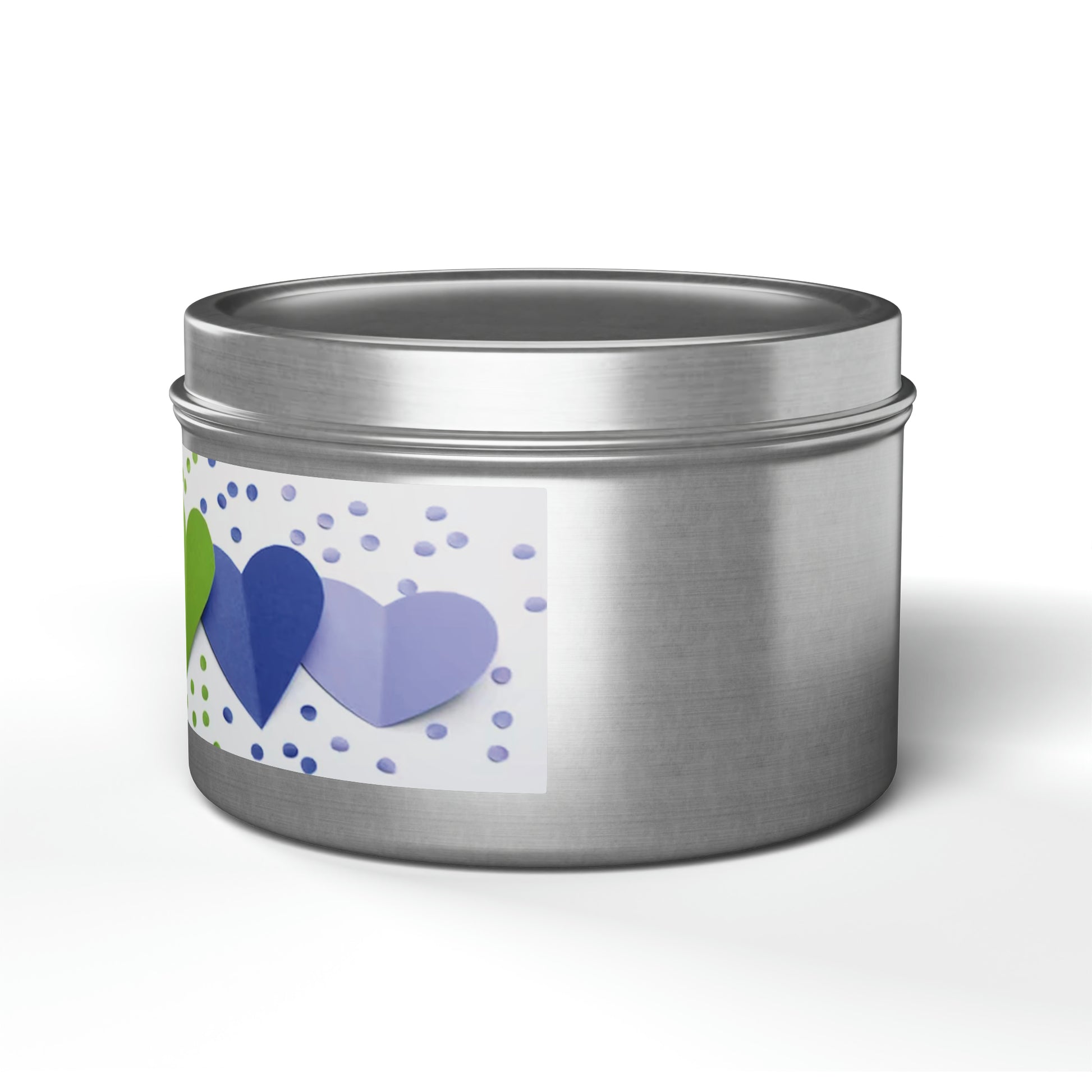 Gift Tin Scented Candle Rainbow Paper Hearts silver-gift-tin-scented-candle-rainbow-paper-hearts-8oz-left