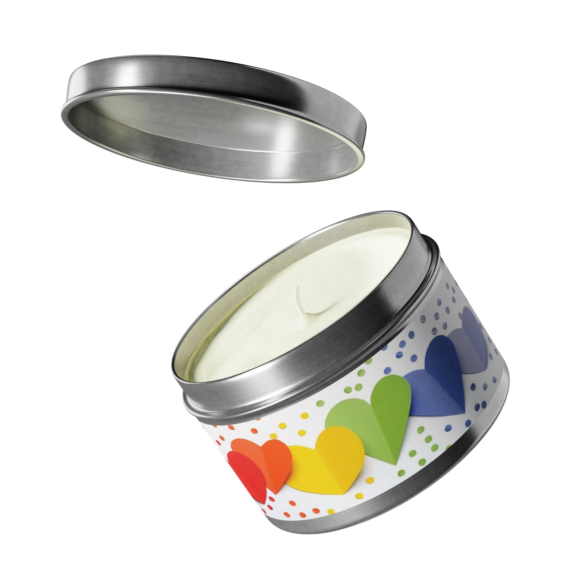 Gift Tin Scented Candle Rainbow Paper Hearts silver-gift-tin-scented-candle-rainbow-paper-hearts-8oz-lifestyle-2