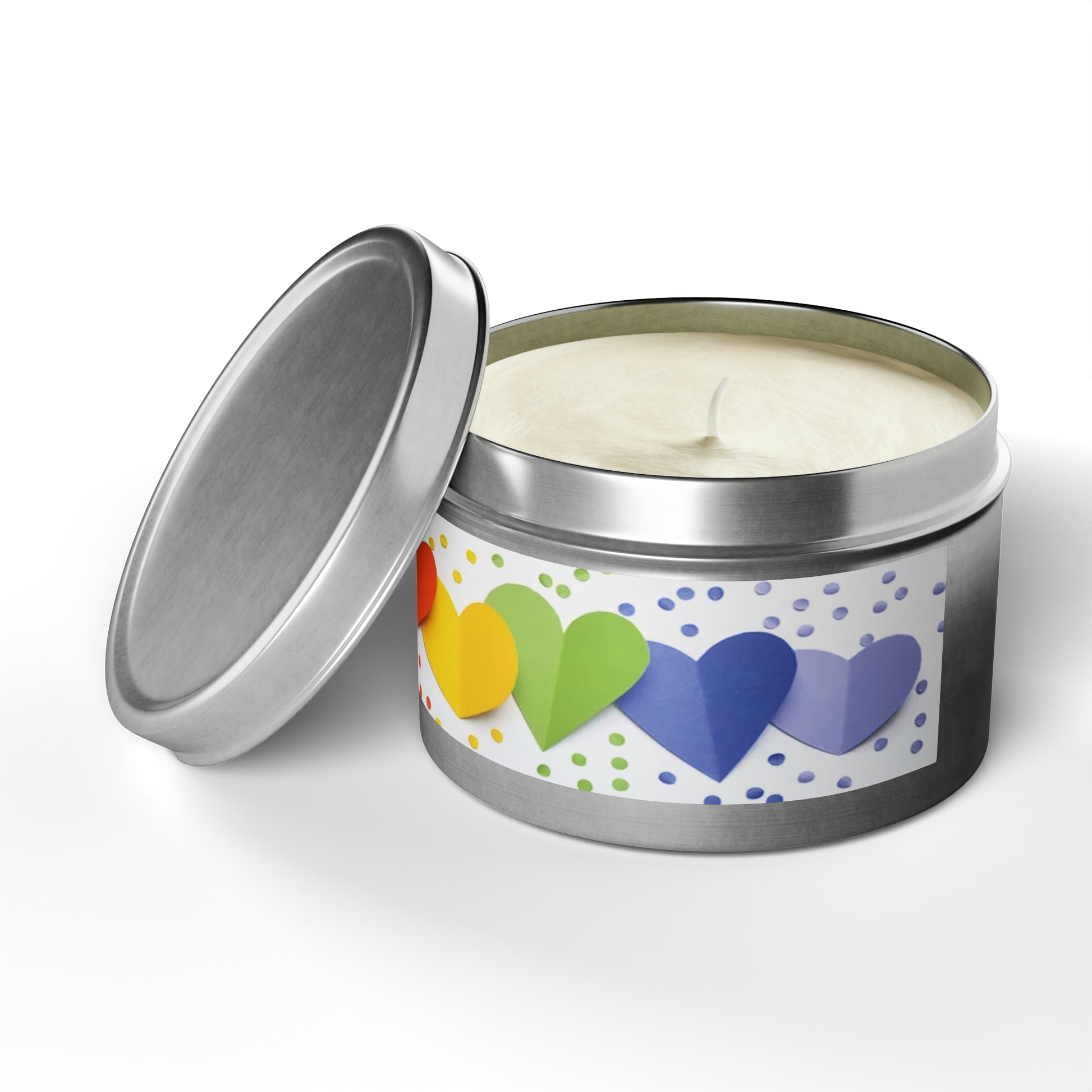Gift Tin Scented Candle Rainbow Paper Hearts silver-gift-tin-scented-candle-rainbow-paper-hearts-8oz-lifestyle