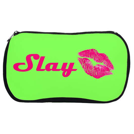 Green cosmetic bag with pink 'Slay' text and lipstick kiss mark on a white background