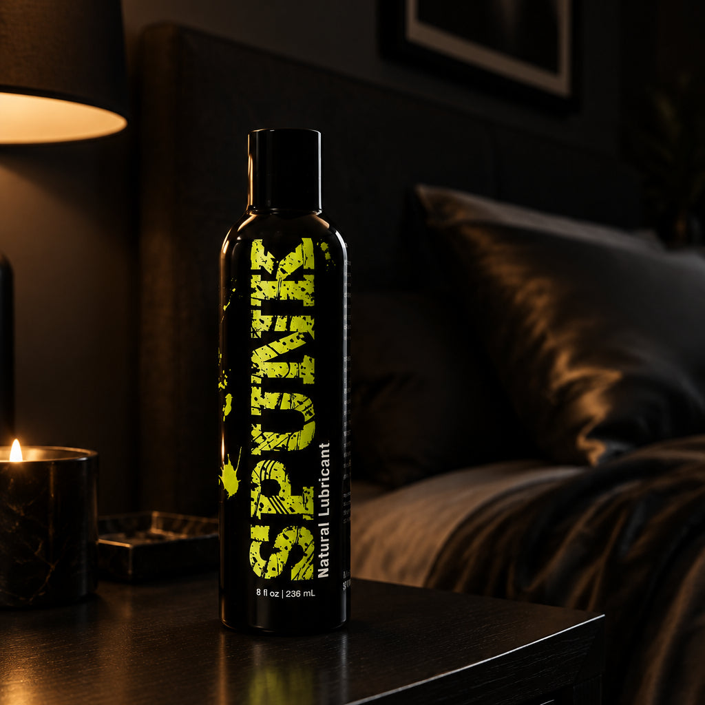 black bottle with lid and yellow text 'SPUNK' natural lubricant on a nightstand in a dimly lit bedroom.