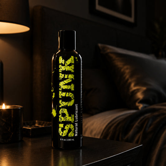 black bottle with lid and yellow text 'SPUNK' natural lubricant on a nightstand in a dimly lit bedroom.