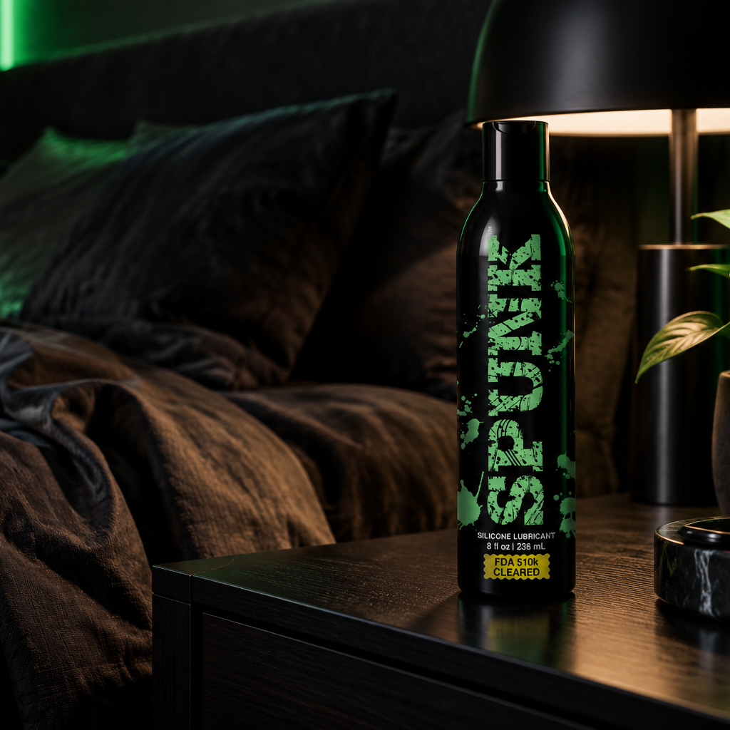 Image of a dark bedroom with a bottle of 'SPUNK' branded personal lubricant next to the bed.