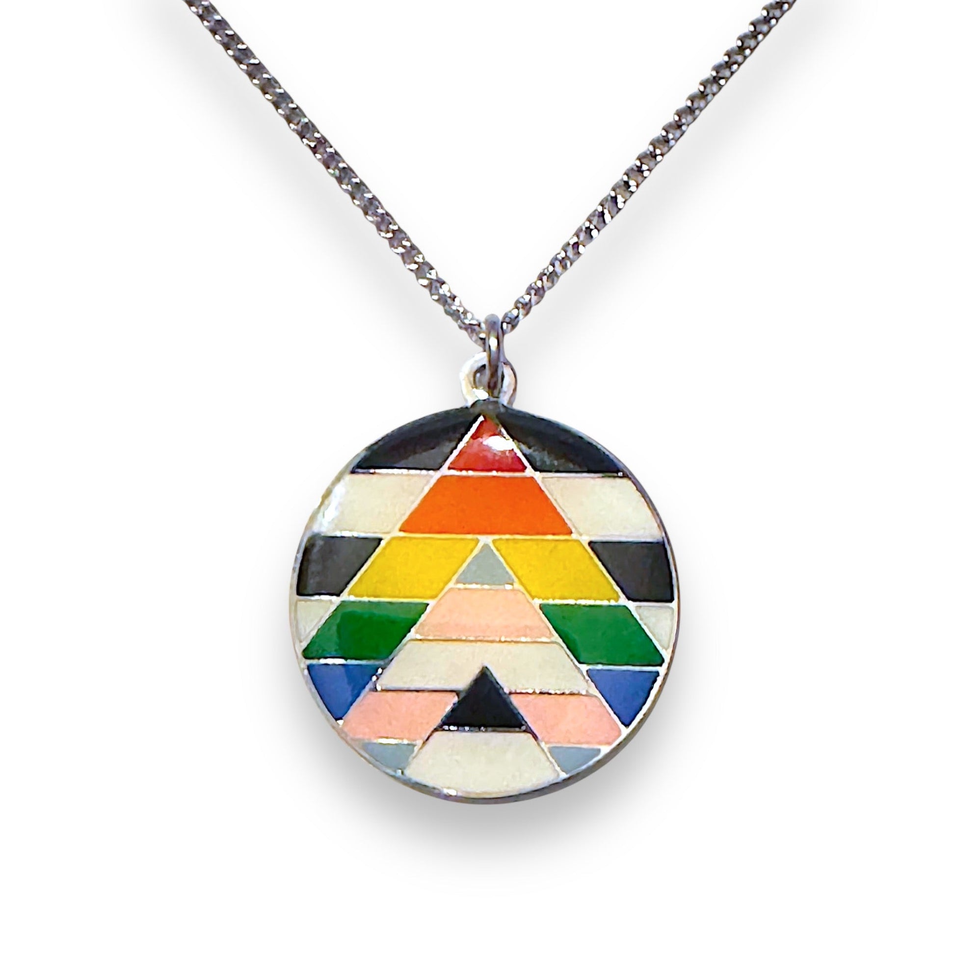 Necklace with a colorful geometric pendant on a white background