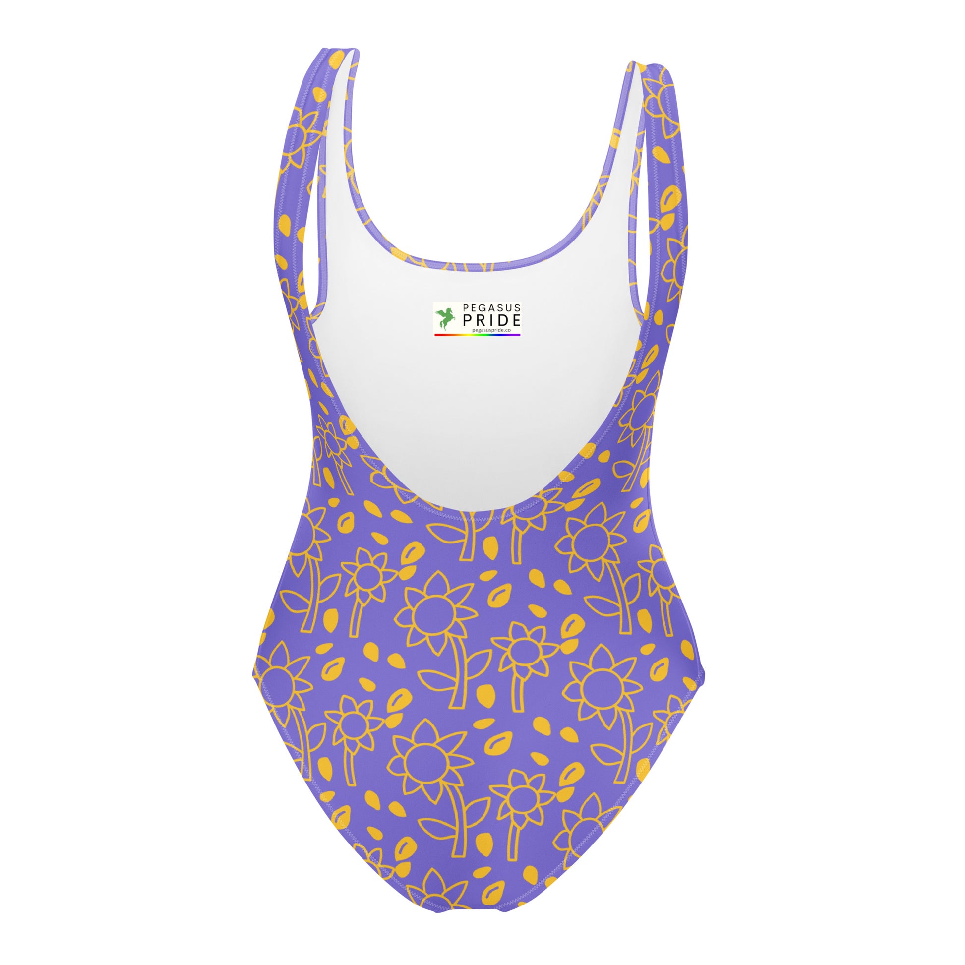 blue swimsuit with yellow floral patterns on a white background