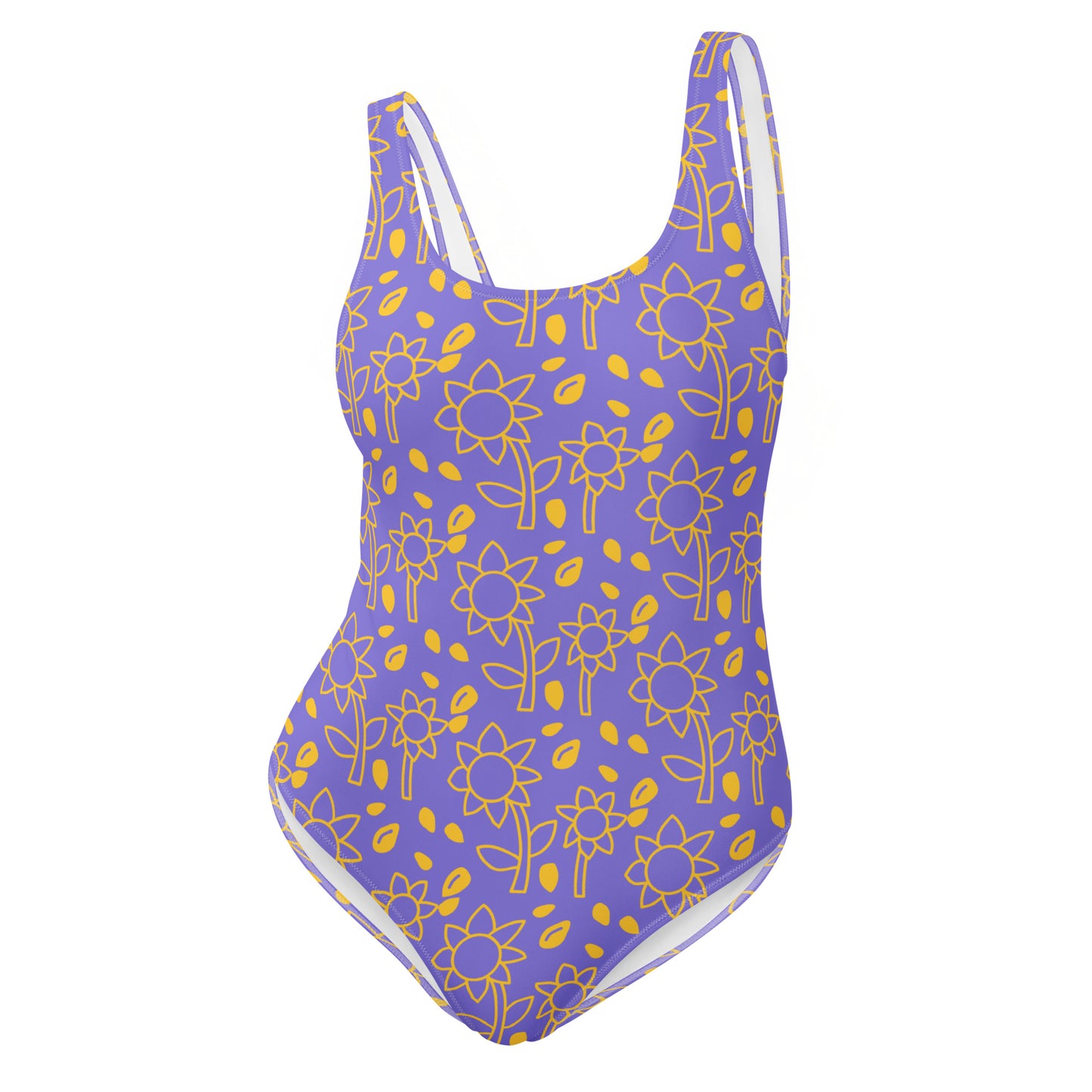 sky blue swimsuit with yellow sunflower pattern on a white background