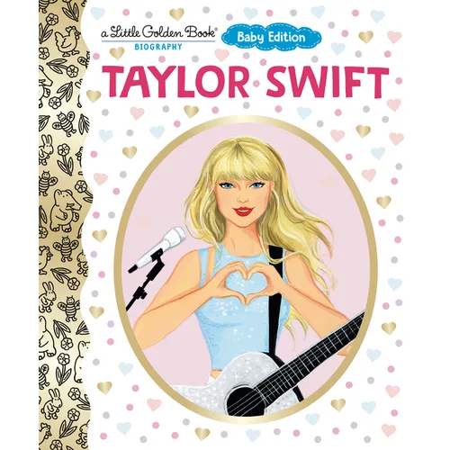 Book cover of 'Taylor Swift' Little Golden Book with illustration of Taylor Swift holding a guitar and microphone.