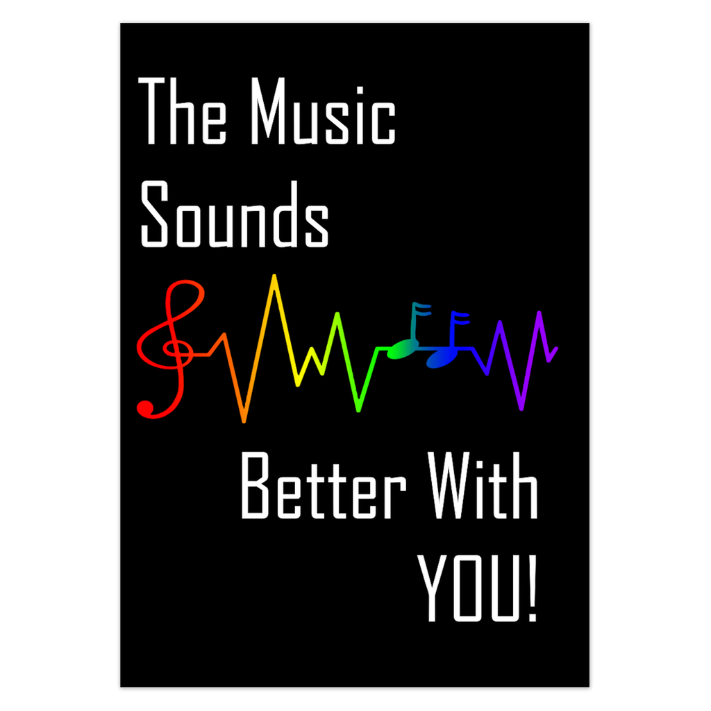 Motivational lgbtq greeting card with rainbow musical notes and text on a black background