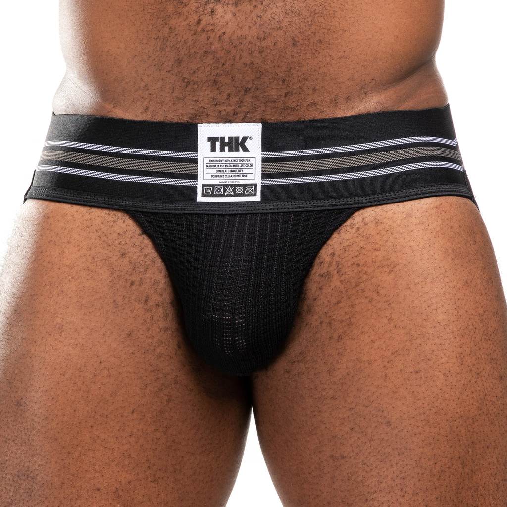 Black men's underwear with striped waistband and visible brand label on a white background