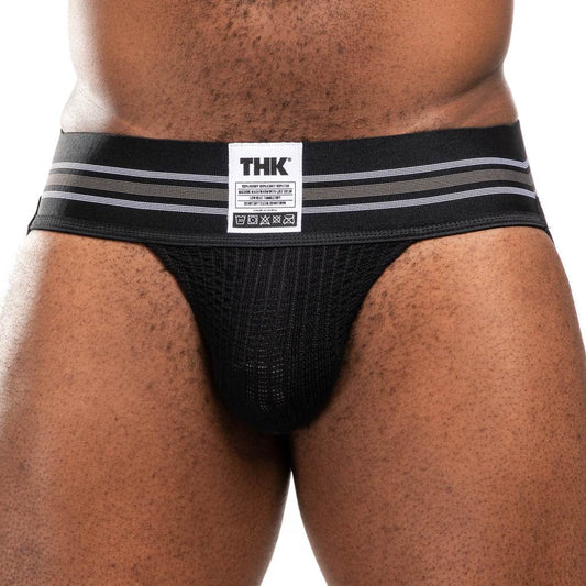 Black men's underwear with striped waistband and visible brand label on a white background