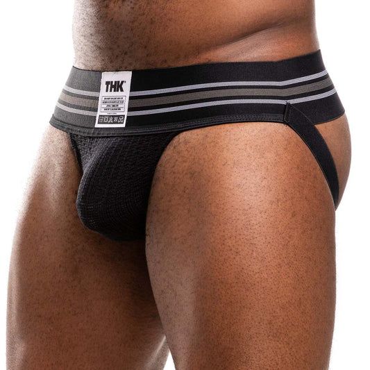 Black men's jock with striped waistband on a white background