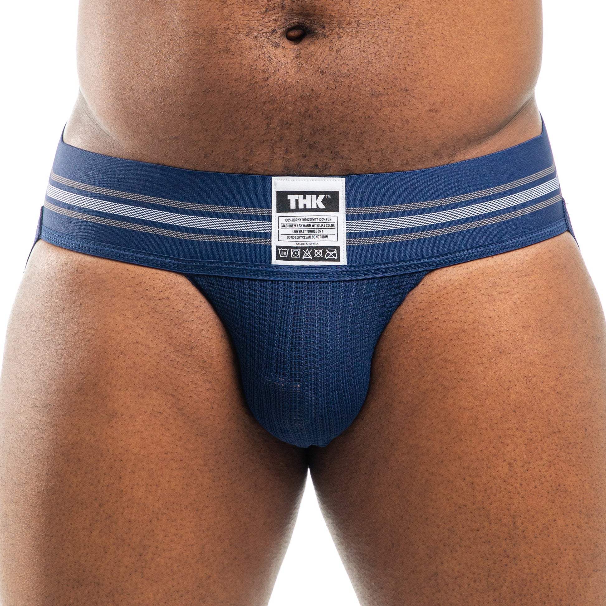 Blue men's underwear with striped waistband on a white background