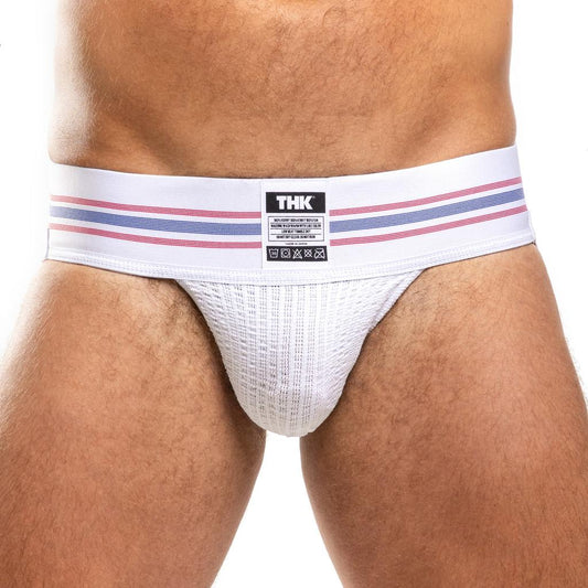 White men's jockstrap with striped waistband on a white background