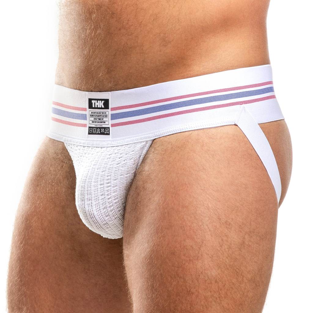 White men's underwear with striped waistband on a white background