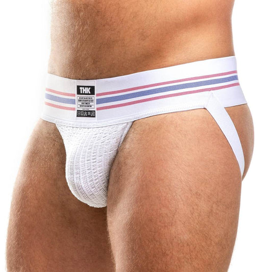 White men's underwear with striped waistband on a white background