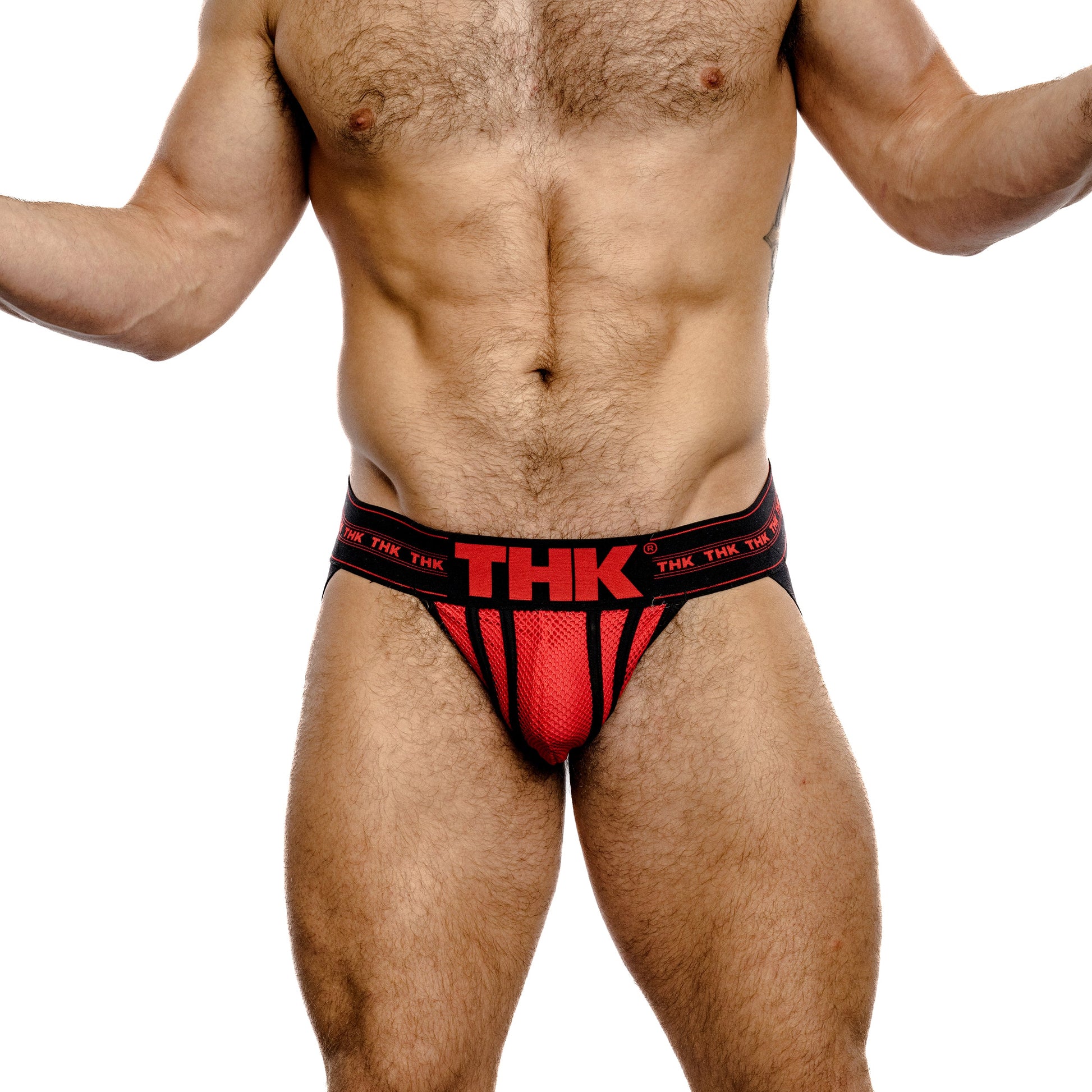 Red men's jock with 'THK' branding on a white background