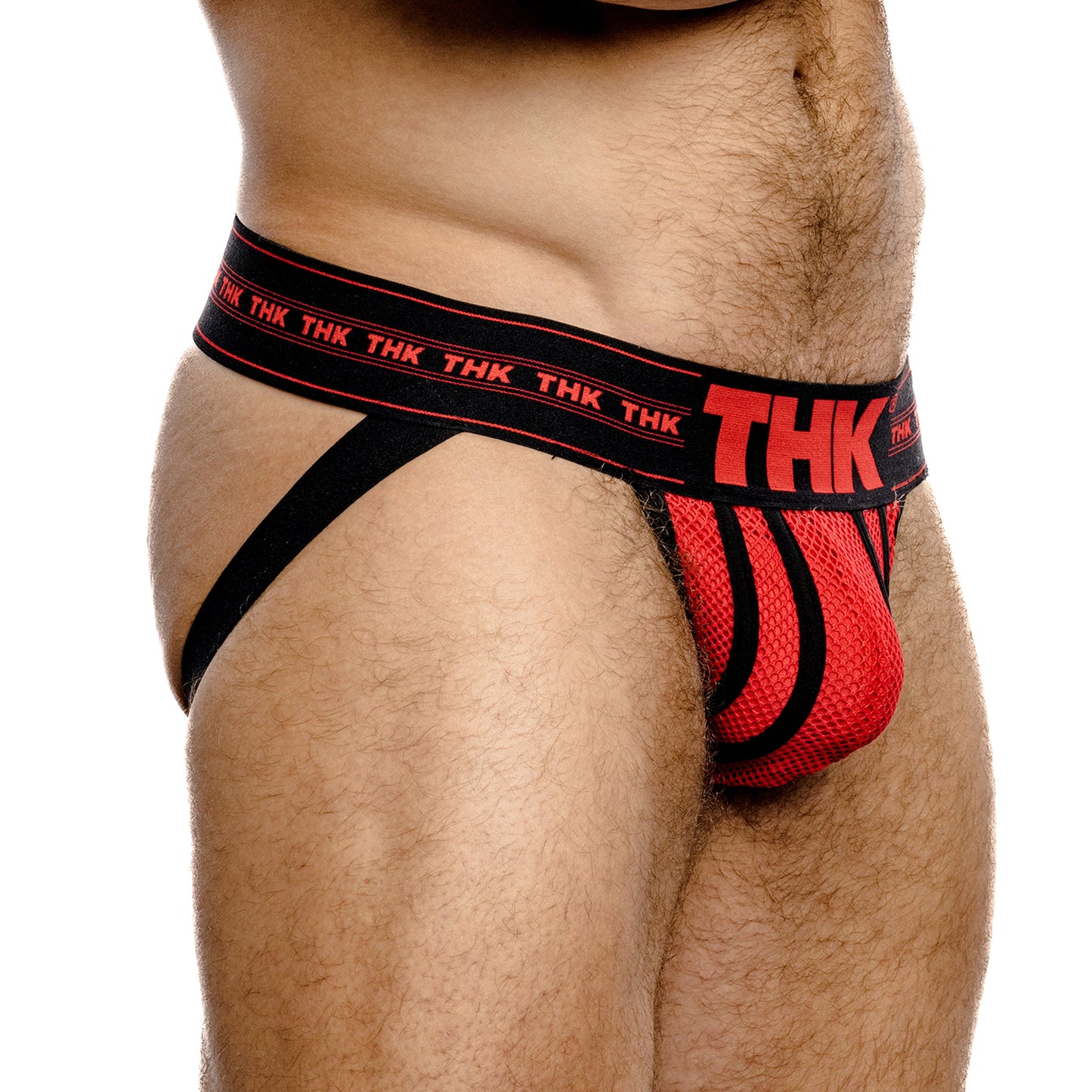 Red and black men's underwear with 'THK' branding on a white background