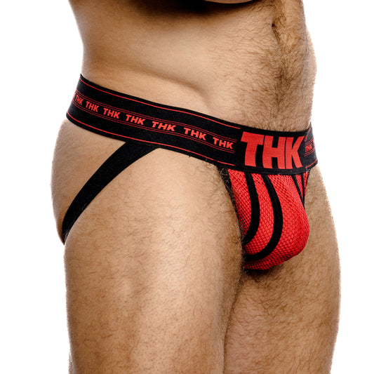 Red and black men's underwear with 'THK' branding on a white background