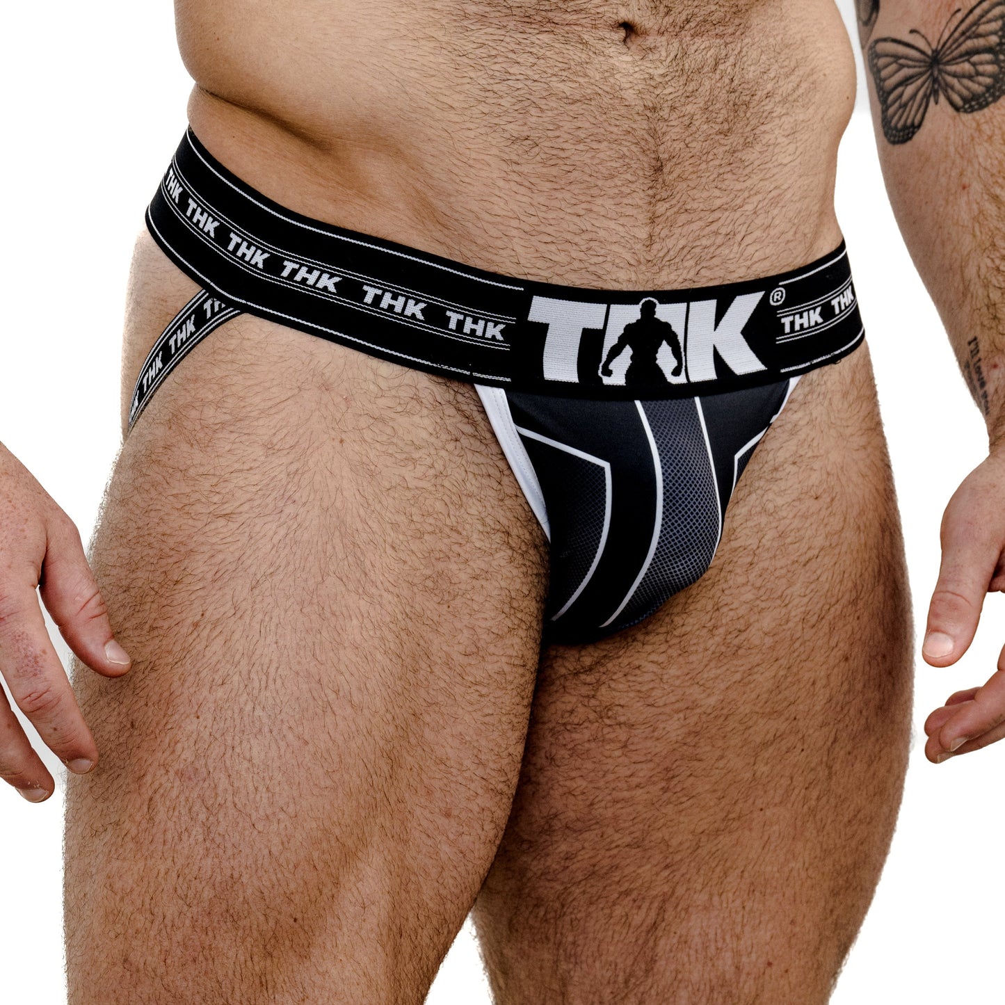 Black men's jock with 'THK' branding on a white background