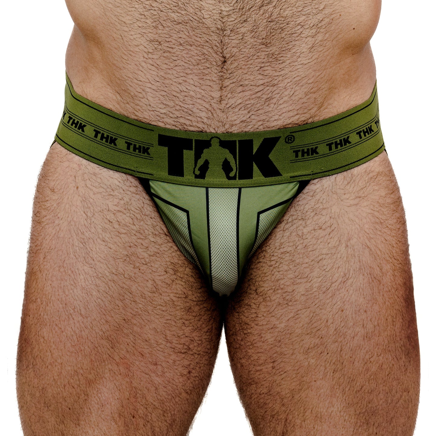 Green men's underwear with thk brand logo on a white background