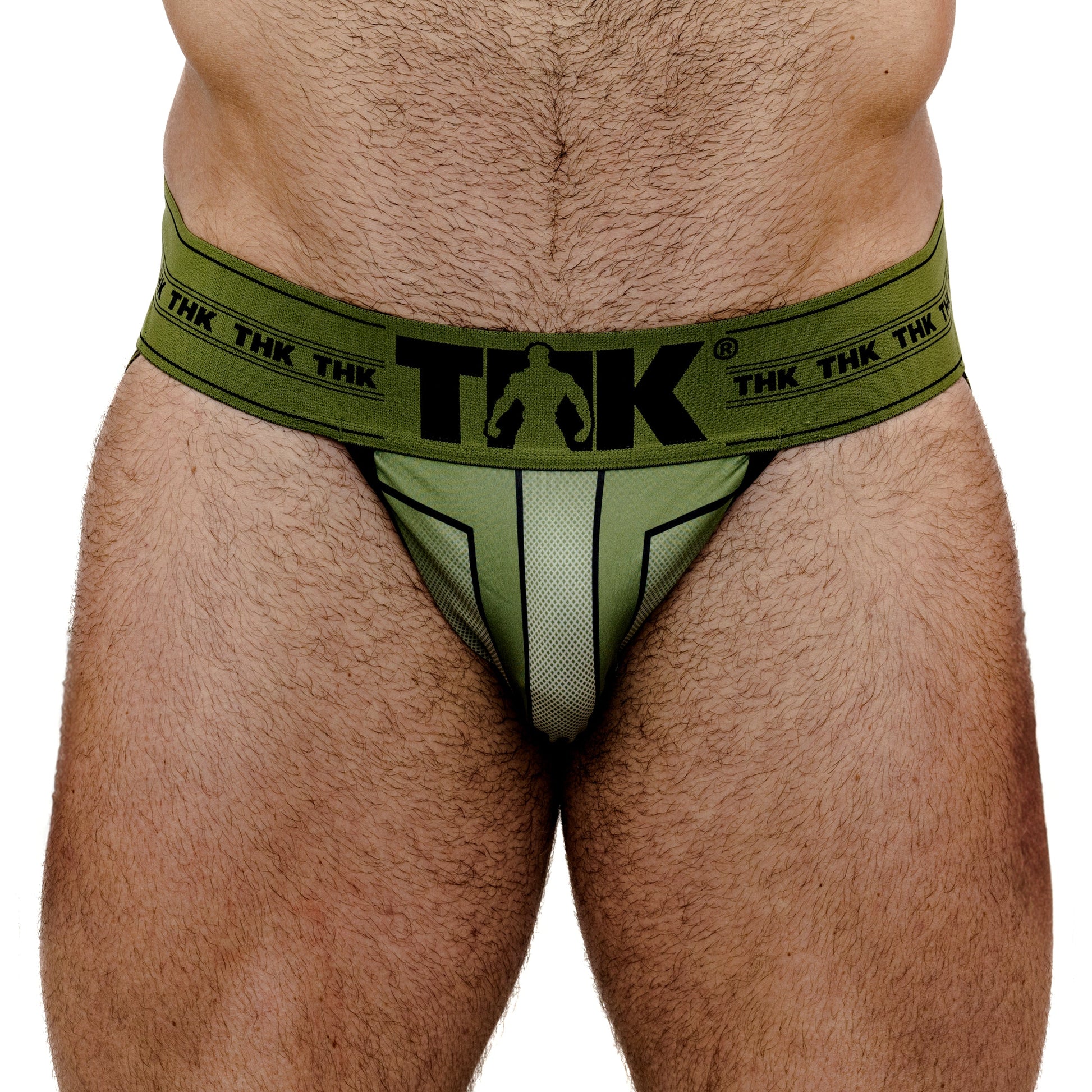 Green men's underwear with thk brand logo on a white background
