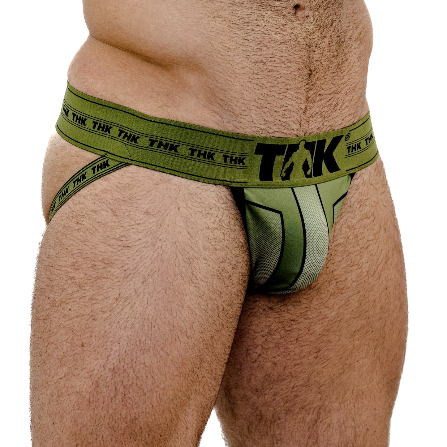 Green men's jock with 'THK' branding on a white background