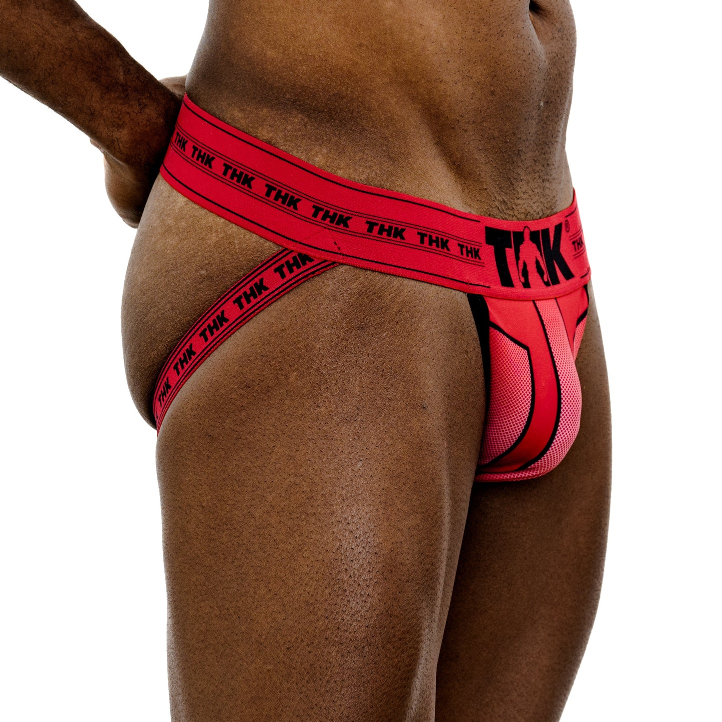 Red men's underwear with black branding on a white background