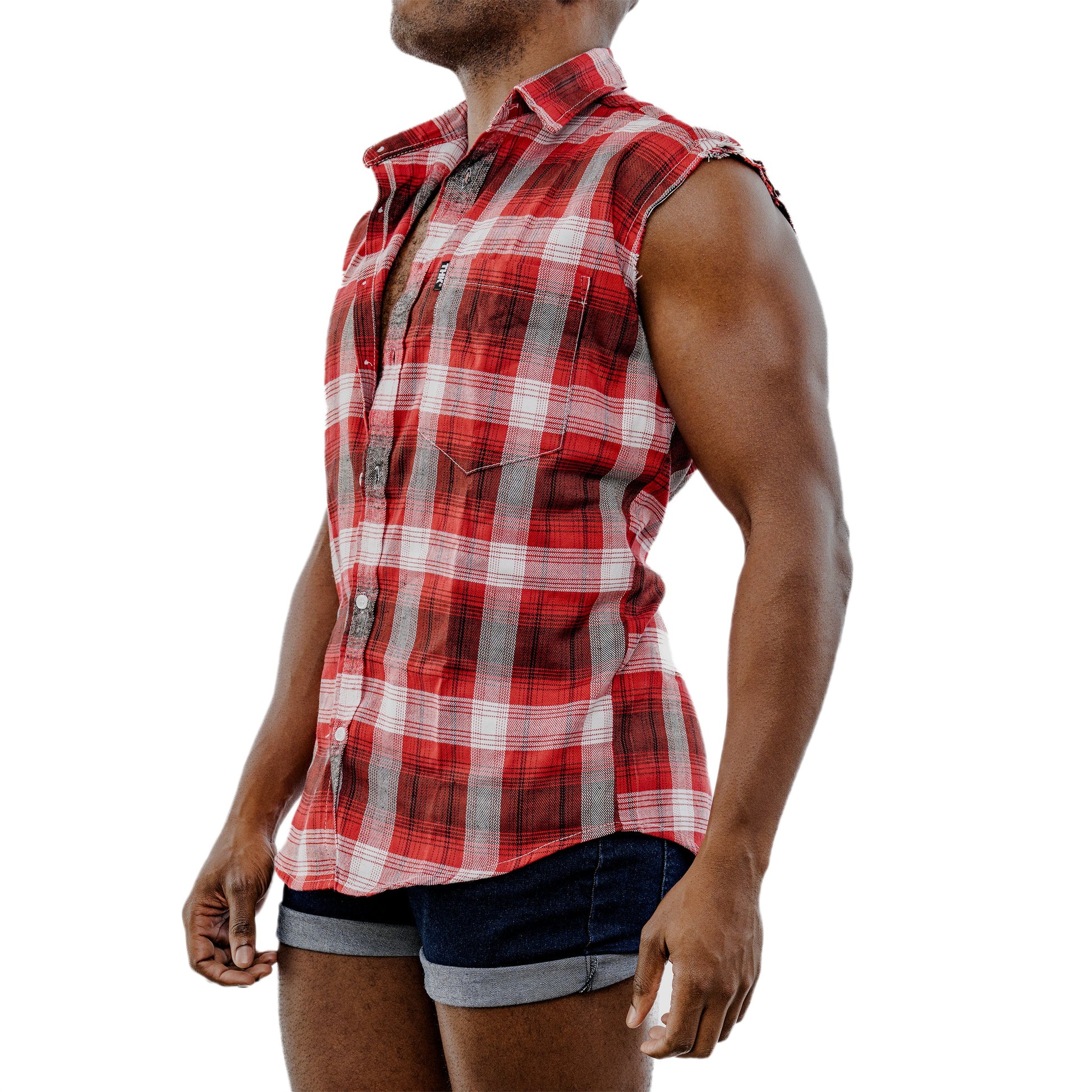 Red and white plaid cut off muscle shirt worn by a person on a white background