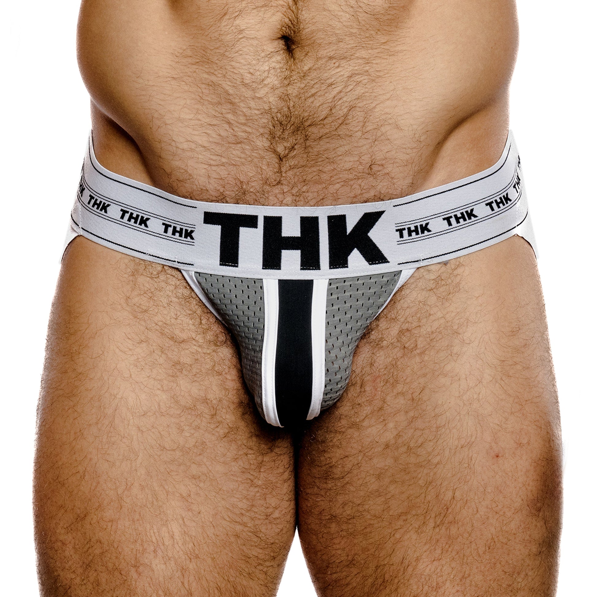 Gray men's jockstrap with 'THK' branding on a white background