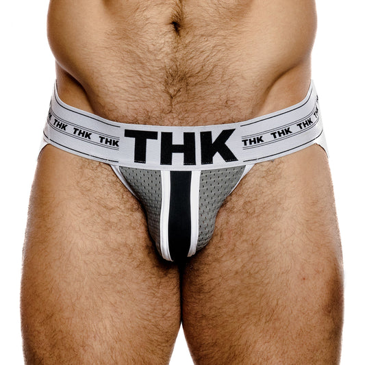 Gray men's jockstrap with 'THK' branding on a white background