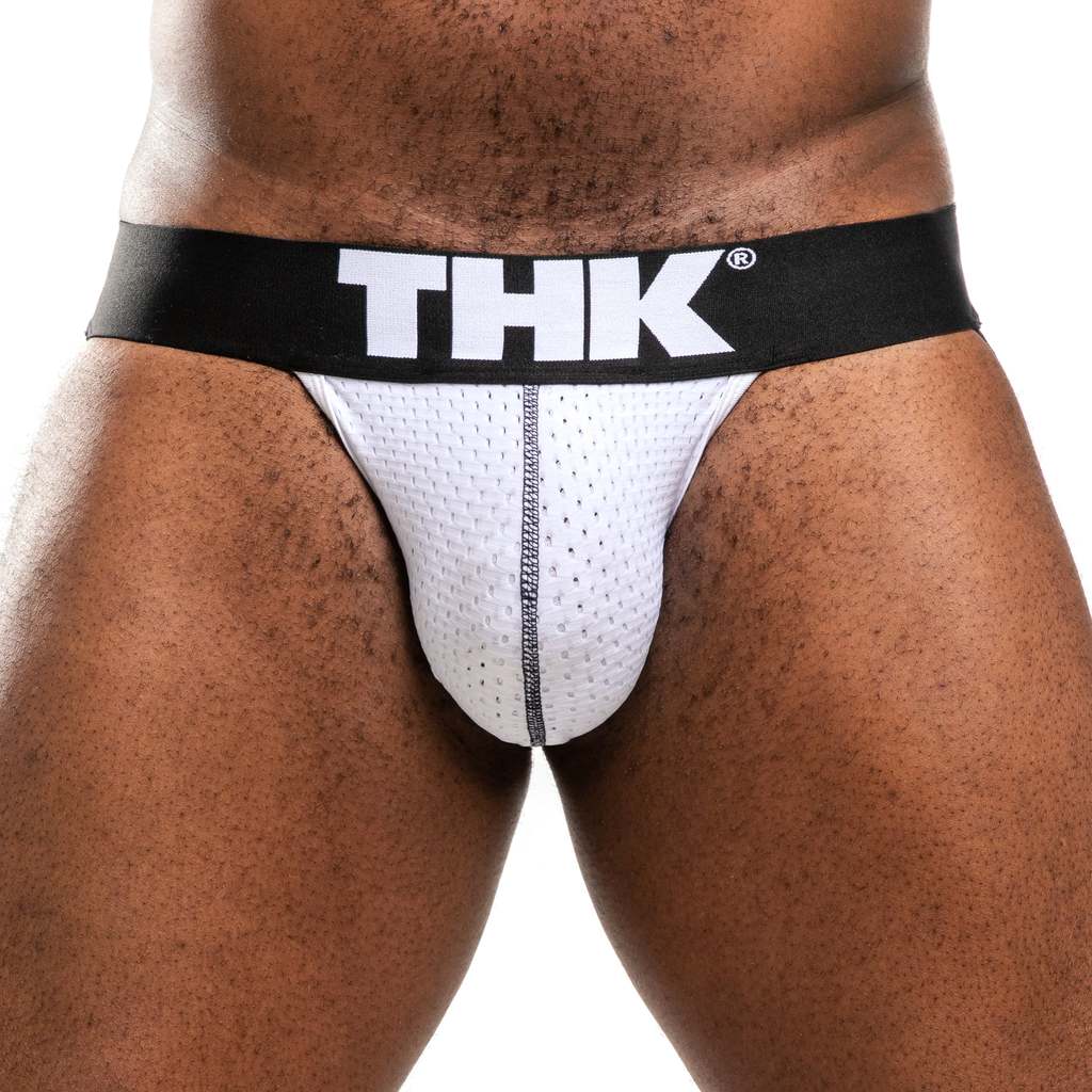 White men's jock with black 'THK' waistband on a white background