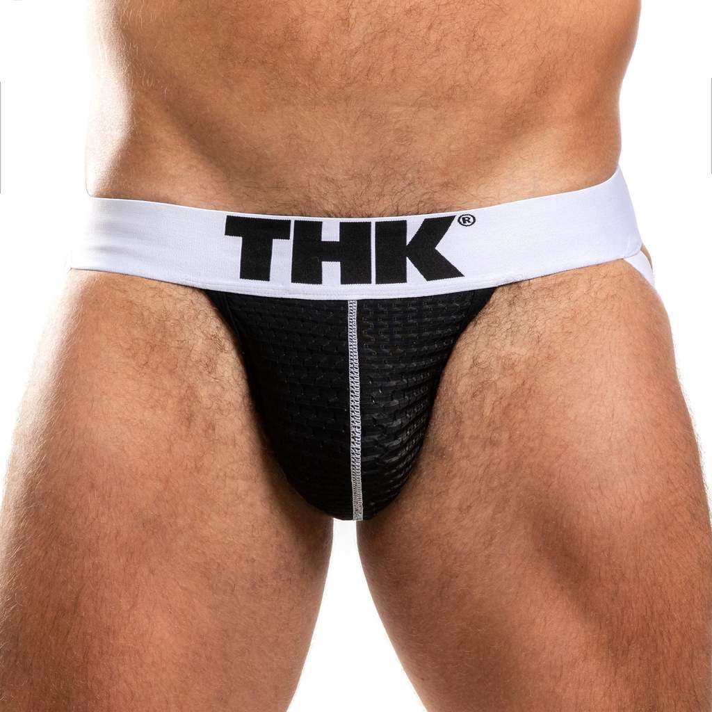 Black men's jock with white waistband featuring 'THK' logo on a white background
