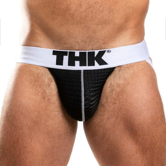 Black men's jock with white waistband featuring 'THK' logo on a white background