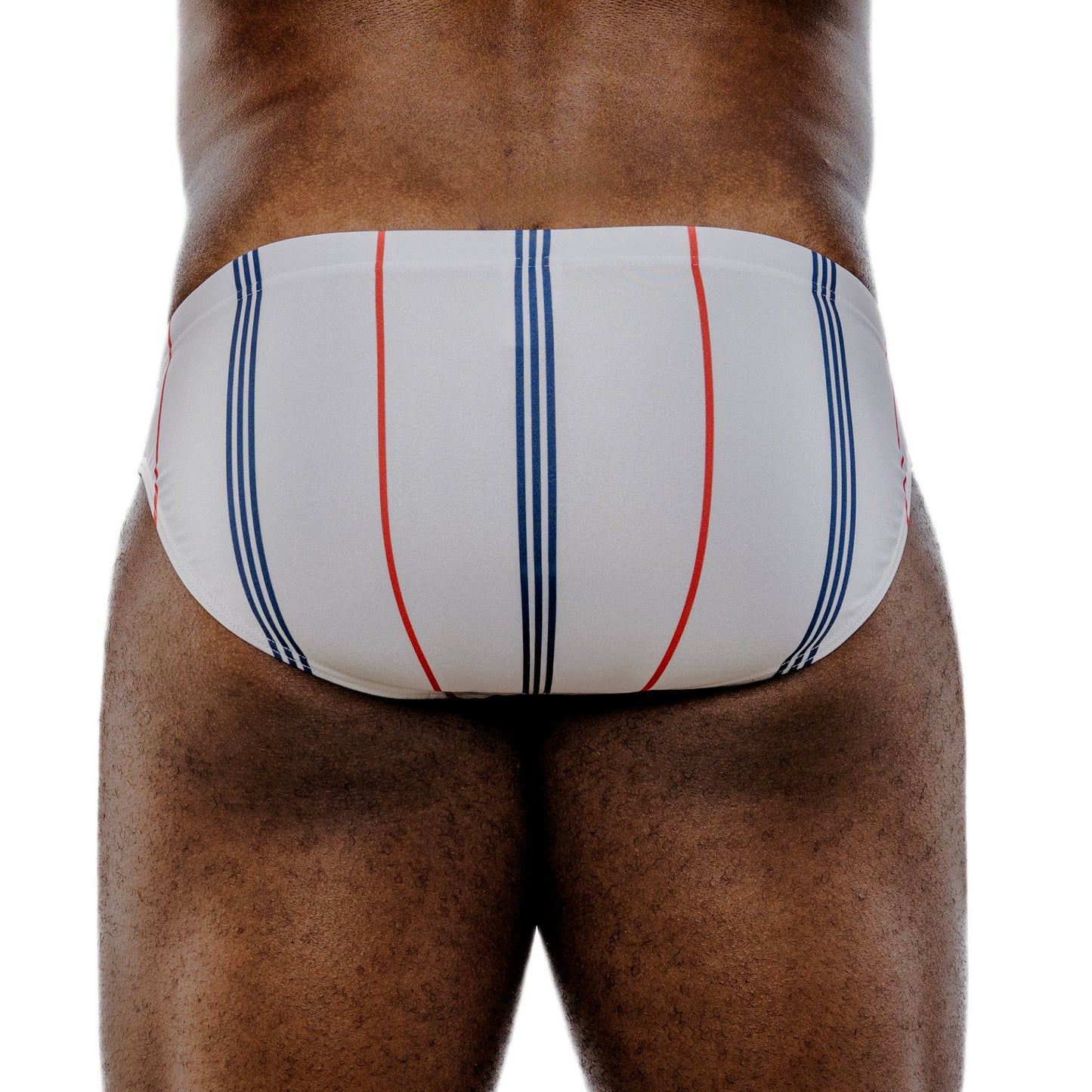 White men's swimsuit with red and blue stripes on a white background