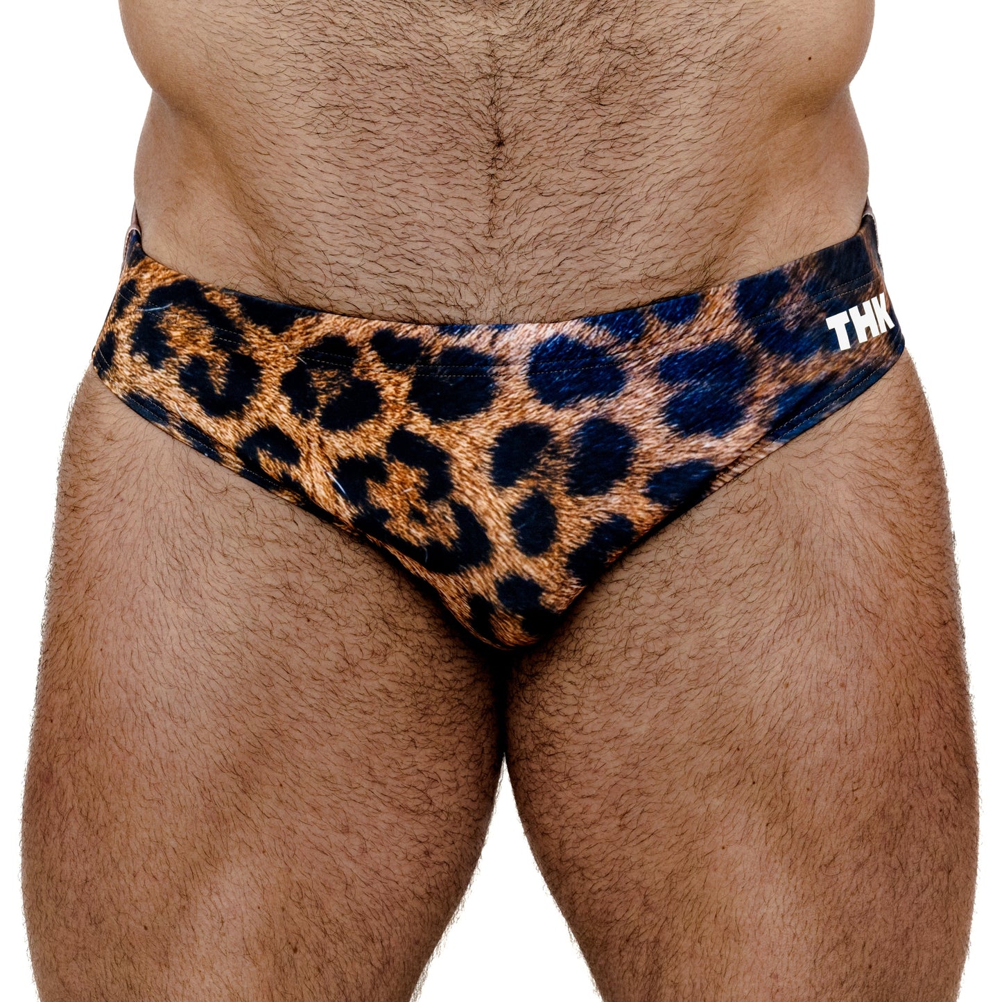 Chetah print men's speedo with brand logo on a white background